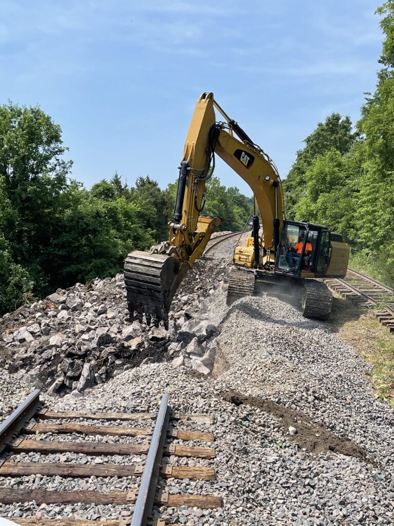 Excavator working on railway construction.
