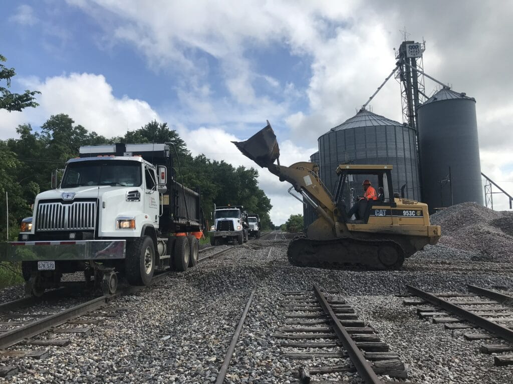 Construction vehicles on railway tracks